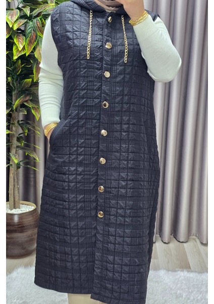 Kadın Giyim Büyük Beden Kapşonlu Astarlı Kare Desen Yelek indirimleri