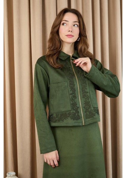 Kadın Nakış Detaylı Fermuarlı Scuba Süet Ceket Takım 14396