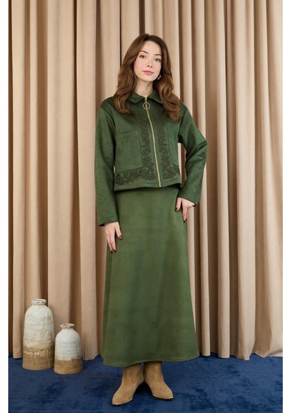 Kadın Nakış Detaylı Fermuarlı Scuba Süet Ceket Takım 14396 fırsatları