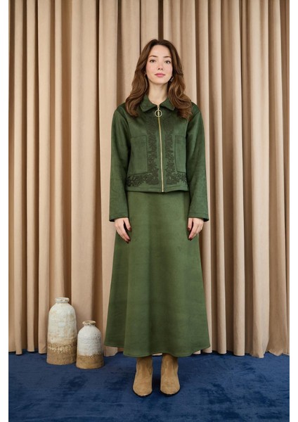 Kadın Nakış Detaylı Fermuarlı Scuba Süet Ceket Takım 14396 indirimleri