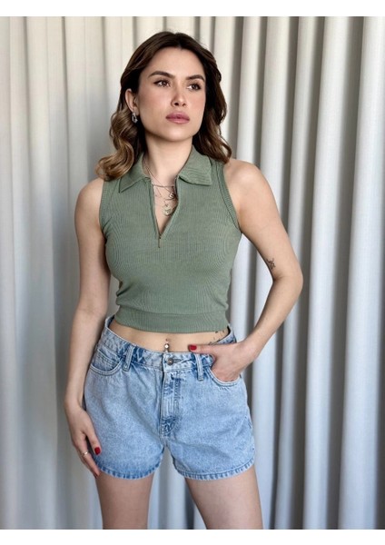 Lvsqvr Kısa Fermuarlı Crop Haki (Beden: S)