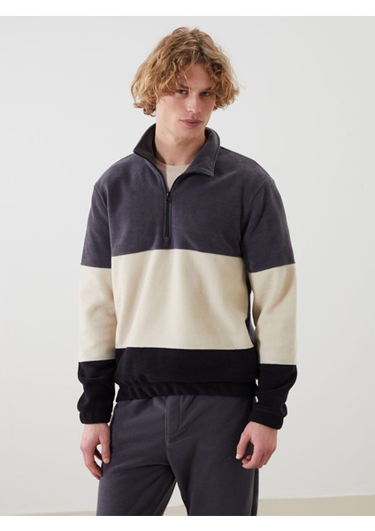 Yeni Sezon Dik Yaka Uzun Kollu Renk Bloklu Polar Erkek Sweatshirt