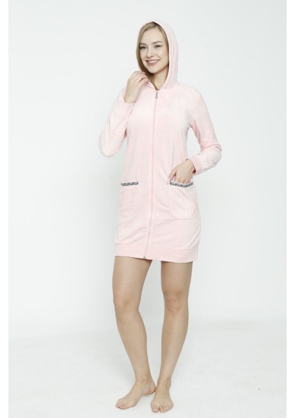 Kadın Uzun Kollu Kapüşonlu Soft Polar Cepli Fermuarlı Elbise