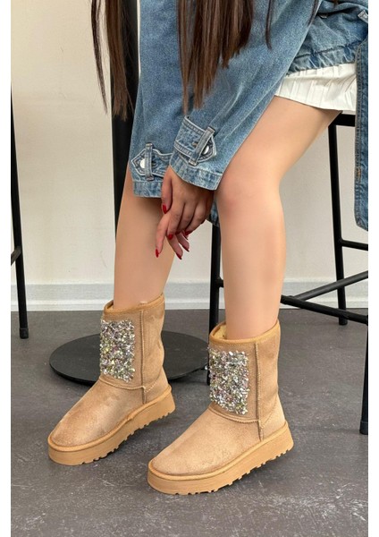 Kadın Lüx Süet Taşlı Içi Kürklü Kışlık Kalın Taban Konforlu Bot