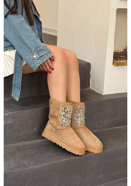 Kadın Lüx Süet Taşlı Içi Kürklü Kışlık Kalın Taban Konforlu Bot fiyatları