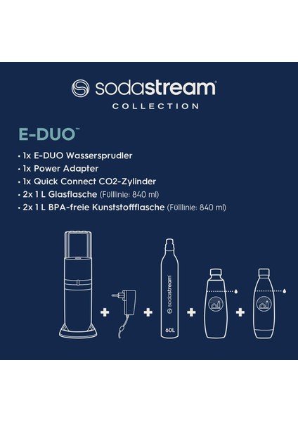 E-Duo® – One-Touch Gazlı Su Makinesi - Tam Otomatik Elektrikli Seri - 3 Ayarlı Gazlandırma, Quick Connect Co₂