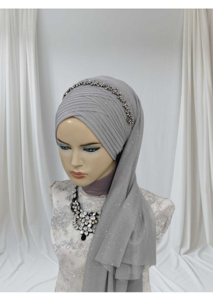 Aksesuarlı Açık Gri Duvaklı Hazır Şal Abiye Şal Hazır Türban