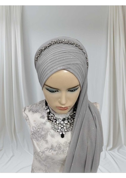 Aksesuarlı Açık Gri Duvaklı Hazır Şal Abiye Şal Hazır Türban fiyatları