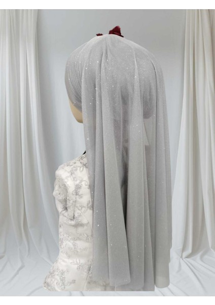 Aksesuarlı Açık Gri Duvaklı Hazır Şal Abiye Şal Hazır Türban modelleri