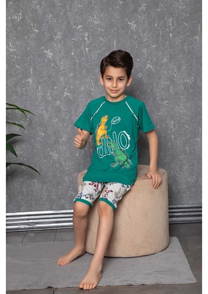 Erkek Çocuk T-Shirt-Şort Dinozor Baskılı Kısa Kollu Pijama Takımı