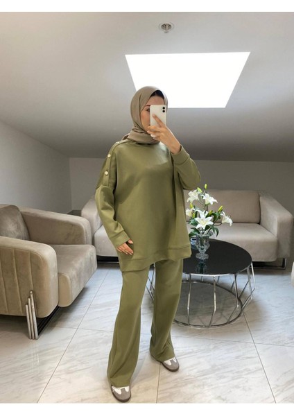 Kadın Düğmeli Pantolon Ikili Scuba Takım M52817 - Yeşil