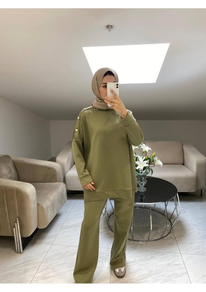 Kadın Düğmeli Pantolon Ikili Scuba Takım M52817 - Yeşil fiyatları