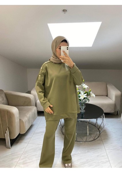 Kadın Düğmeli Pantolon Ikili Scuba Takım M52817 - Yeşil modelleri