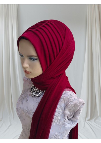 Bordo Likralı Kumaş Tektek Hazır Duvak Hazır Şal Hazır Türban