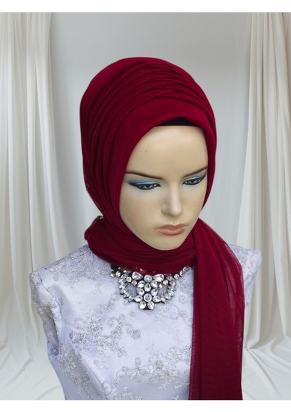 Bordo Likralı Kumaş Tektek Hazır Duvak Hazır Şal Hazır Türban modelleri
