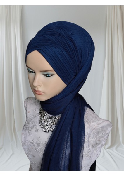Açık Lacivert Sevda Şal Hazır Duvak Hazır Türban Abiye Şal