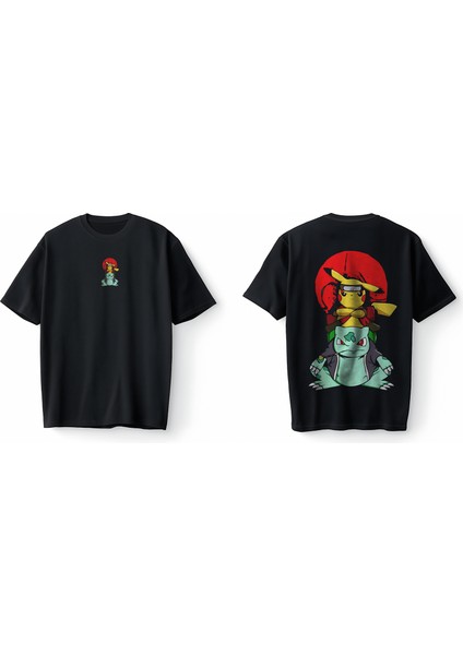 Naruto Pikachu Balbazar Bulbasaur Anime Kızgın Ninja Japanese Oversize Unisex Tişört T-Shirt modelleri