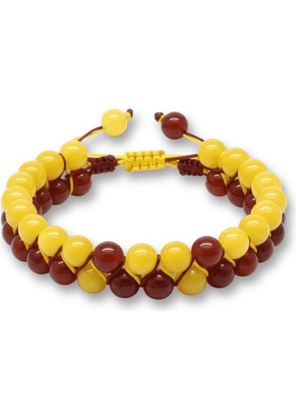 Çift Sıra Makrome Örgülü Küre Kesim Sarı Kırmızı Jade Akik Hematit Doğaltaş Erkek Taraftar Bileklik