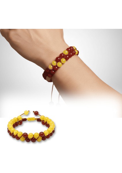 Çift Sıra Makrome Örgülü Küre Kesim Sarı Kırmızı Jade Akik Hematit Doğaltaş Erkek Taraftar Bileklik fiyatları