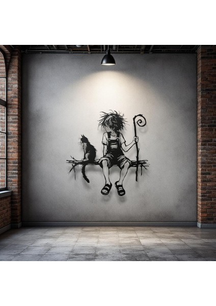 Kedi ve Çocuk Metal Duvar Dekoru – Modern Sanatsal Tasarım