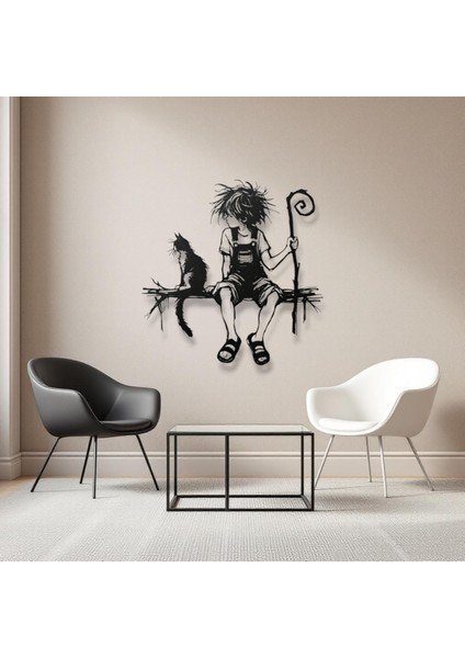 Kedi ve Çocuk Metal Duvar Dekoru – Modern Sanatsal Tasarım