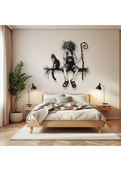 Kedi ve Çocuk Metal Duvar Dekoru – Modern Sanatsal Tasarım