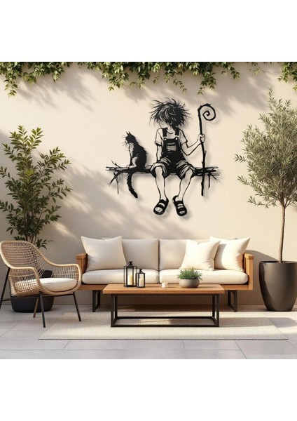 Kedi ve Çocuk Metal Duvar Dekoru – Modern Sanatsal Tasarım
