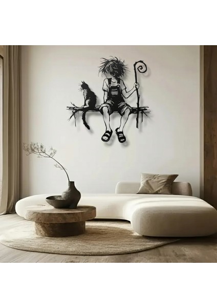 Kedi ve Çocuk Metal Duvar Dekoru – Modern Sanatsal Tasarım