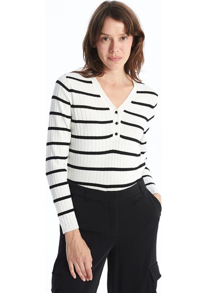 Yeni Sezon V Yaka Çizgili Uzun Kollu Kadın Triko Kazak