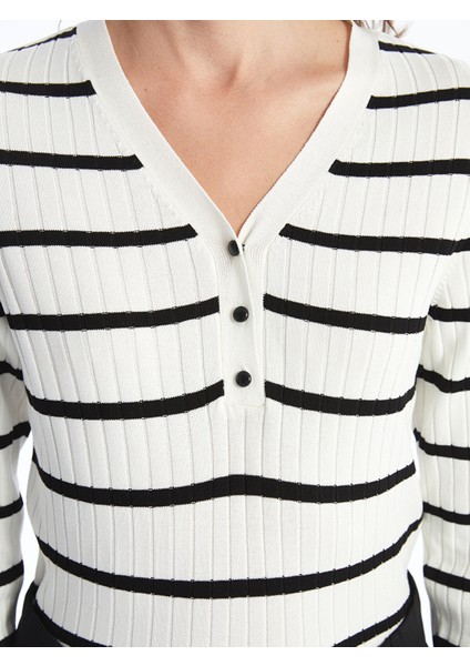 Yeni Sezon V Yaka Çizgili Uzun Kollu Kadın Triko Kazak modelleri