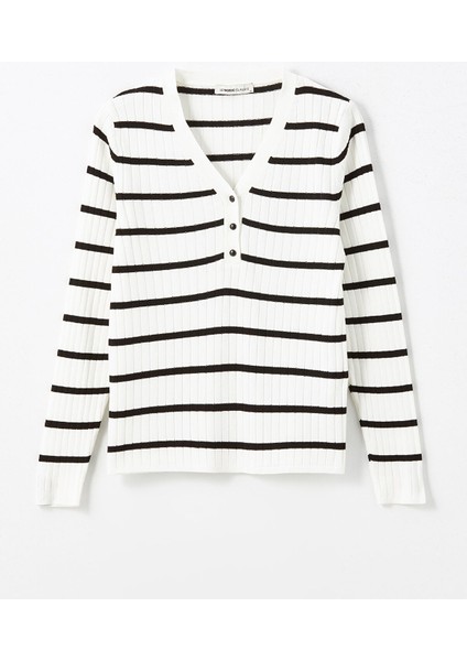 Yeni Sezon V Yaka Çizgili Uzun Kollu Kadın Triko Kazak indirimleri