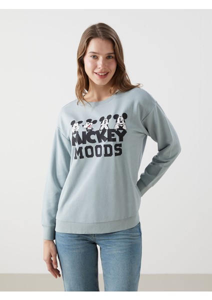 Yeni Sezon Bisiklet Yaka Mickey Mouse Baskılı Kadın Sweatshirt