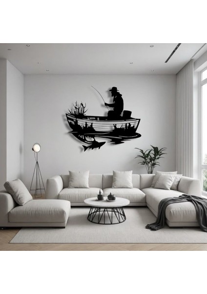 Balıkçı ve Tekne Siluet Metal Duvar Dekoru – Doğayla Baş Başa Sanatsal Tasarım
