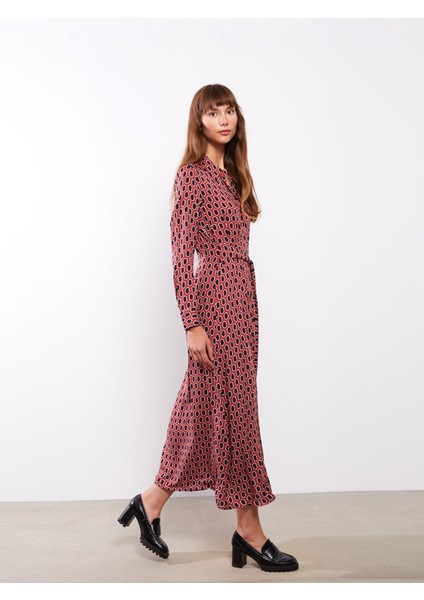 Yeni Sezon Desenli Uzun Kollu Viskon Kadın Gömlek Elbise