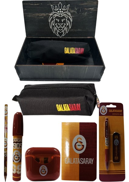 Galatasaray Orjinal Lisanslı Kırmızı Air Kalemtraş Ahşap Kutulu 6'lı Kırtasiye Seti
