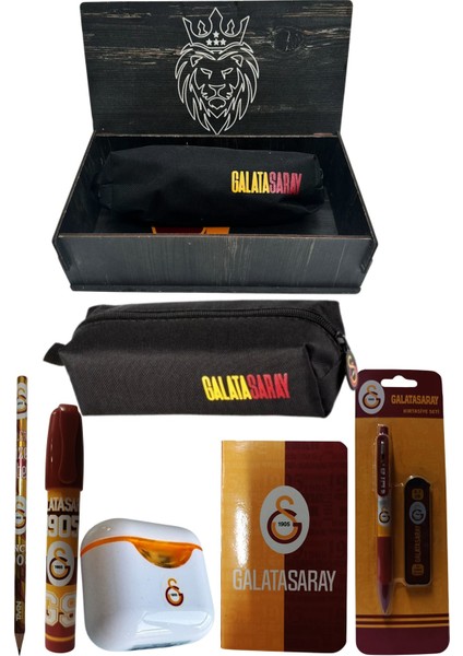 Galatasaray Orjinal Lisanslı Beyaz Air Kalemtraş Ahşap Kutulu 6'lı Kırtasiye Seti