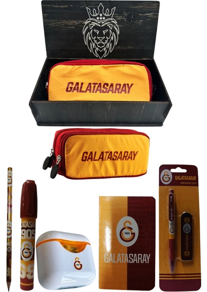 Galatasaray Orjinal Lisanslı Beyaz Air Kalemtraş Ahşap Kutulu 6'lı Kırtasiye Seti