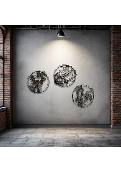 3’lü Dairesel Desenli Metal Tablo Seti – 3D Gölgeli Modern Duvar Dekoru, Şık Ev Hediyesi