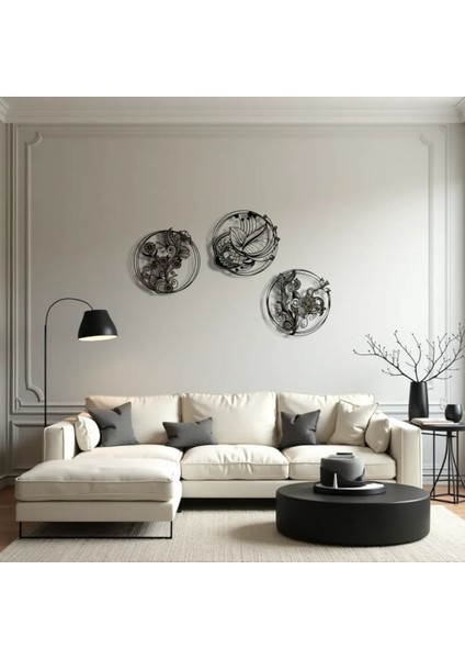 3’lü Dairesel Desenli Metal Tablo Seti – 3D Gölgeli Modern Duvar Dekoru, Şık Ev Hediyesi