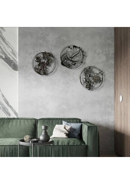 3’lü Dairesel Desenli Metal Tablo Seti – 3D Gölgeli Modern Duvar Dekoru, Şık Ev Hediyesi