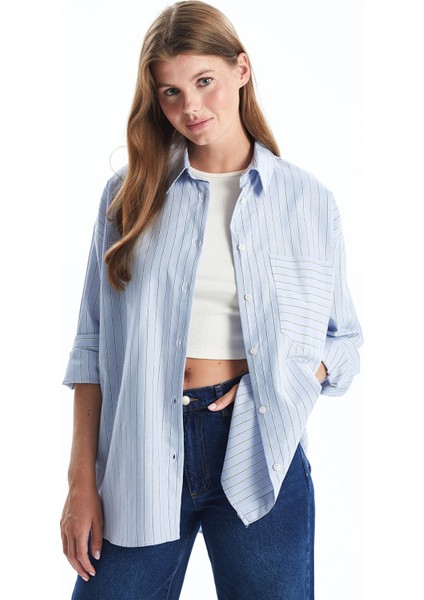 Yeni Sezon Çizgili Oversize Oxford Kadın Gömlek