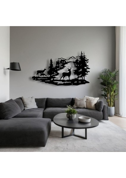 Metal Dağ ve Geyik Silueti Duvar Dekoru – Modern Doğa Temalı Salon Antre Ofis Şık Metal Tablo modelleri