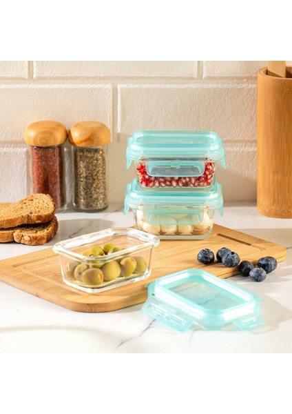 4373 3lü Kilitli Sızdırmaz Kapaklı Yiyecek Erzak Saklama Kabı Seti - Cam Saklama Kabı - 150ML Yeşil