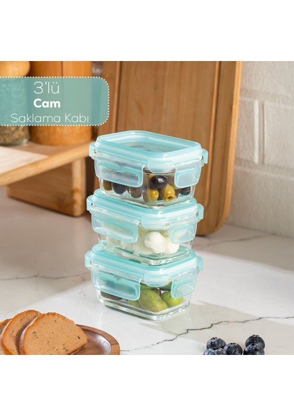 4373 3lü Kilitli Sızdırmaz Kapaklı Yiyecek Erzak Saklama Kabı Seti - Cam Saklama Kabı - 150ML Yeşil fiyatları