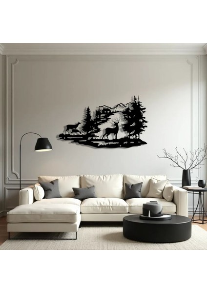 Metal Dağ ve Geyik Silueti Duvar Dekoru – Modern Doğa Temalı Salon Antre Ofis Şık Metal Tablo