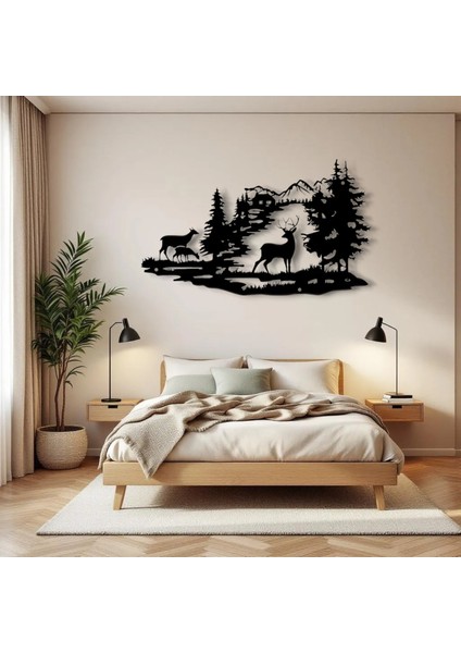 Metal Dağ ve Geyik Silueti Duvar Dekoru – Modern Doğa Temalı Salon Antre Ofis Şık Metal Tablo