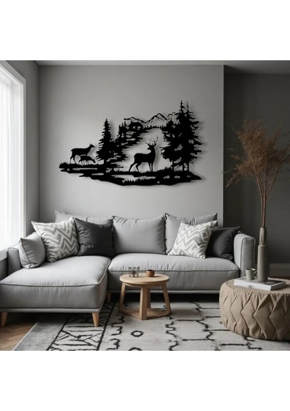 Metal Dağ ve Geyik Silueti Duvar Dekoru – Modern Doğa Temalı Salon Antre Ofis Şık Metal Tablo