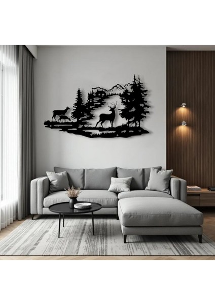 Metal Dağ ve Geyik Silueti Duvar Dekoru – Modern Doğa Temalı Salon Antre Ofis Şık Metal Tablo