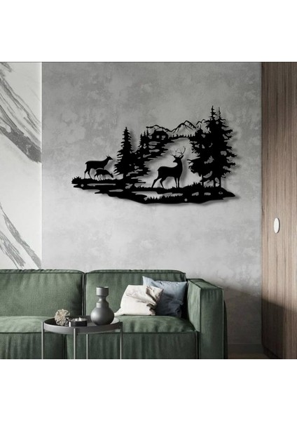 Metal Dağ ve Geyik Silueti Duvar Dekoru – Modern Doğa Temalı Salon Antre Ofis Şık Metal Tablo