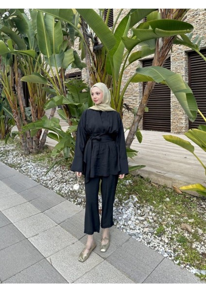 Kadın Geniş Kuşaklı Pantolonlu Takım M41332 - Siyah